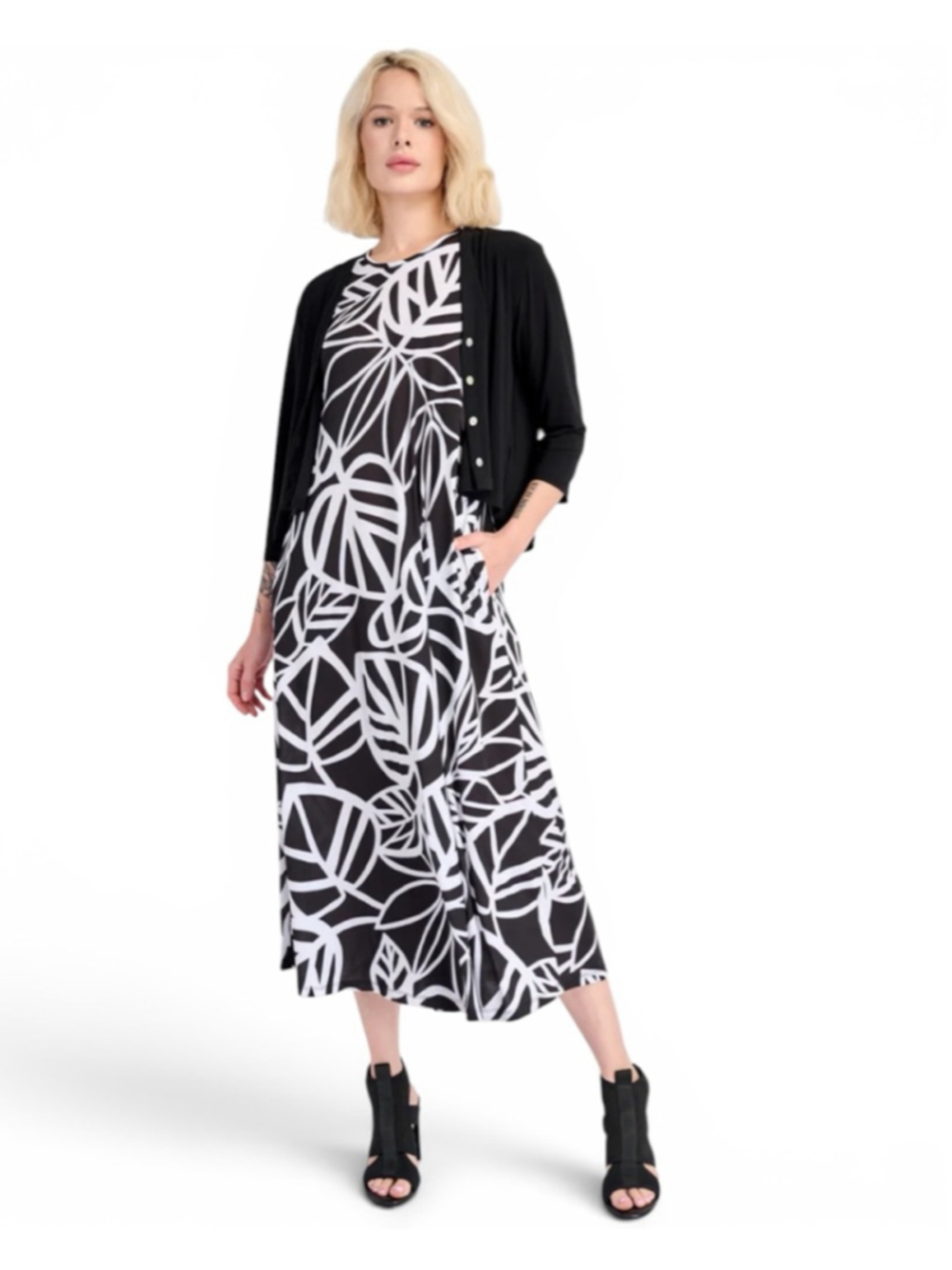 Alembika Abstract Botanical Cocoon Dress,L-XXL, Black/White Architectural Midi